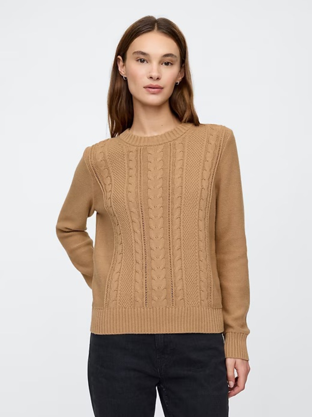 GAP Cable-Knit Crewneck Sweater - Camel Brown